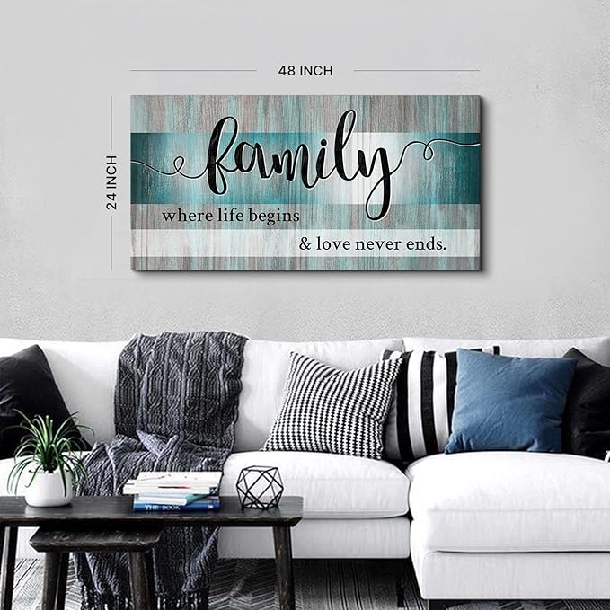 Teal Wall Art Family Sign Wall Decor Inspirational Quotes Canvas Prints Pictures Teal Kitchen Decor Dining Room Artwork 24x48 Large Rustic Farmhouse Family Painting Bedroom Living Room Home Decoration