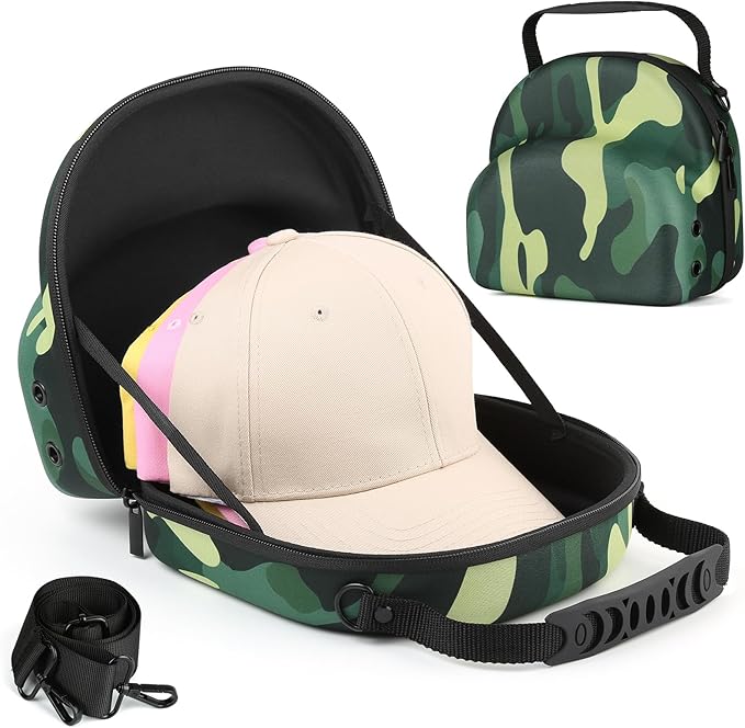 Hard baseball hat case, Hat Carrier Travel Case with Adjustable Shoulder Strap, Hat cap case for 3 Baseball Caps - Perfect for Traveling & At-Home Storage (Camo Green)