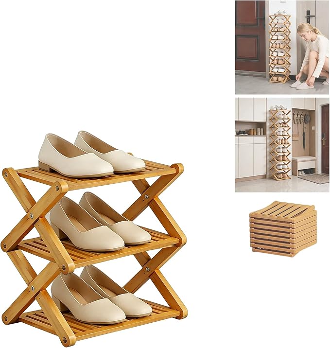 2/3/4/5/6/7/8/9 Tier Bamboo Shoe Rack - Foldable,No Installation Needed,Space-Saving Multi-Tier Storage for Indoor & Balcony Use (Yellow,3 Layers)