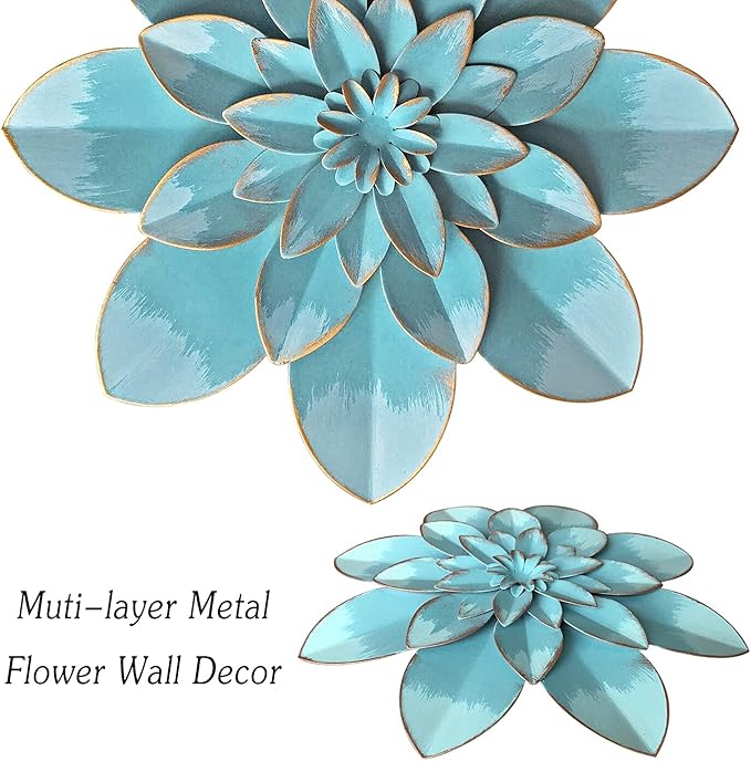 Light Sky Blue Metal Flower Wall Art Decor, 9.5“ Rustic Modern Floral Sculpture, Distressed Hanging Home Decoration Accent Artworks for Indoor Bedroom Living Room Office Outdoor Garden Patio