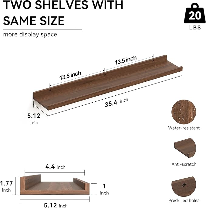 Boswillon 35.3 Inches Long Floating Shelves Wall Mounted, 2 Set Farmhouse Wall Shelf for Bedroom, Nursery Book Shelf with Lip, Picture Ledge Shelf for Decor Living Room Bathroom Kitchen - Walnut