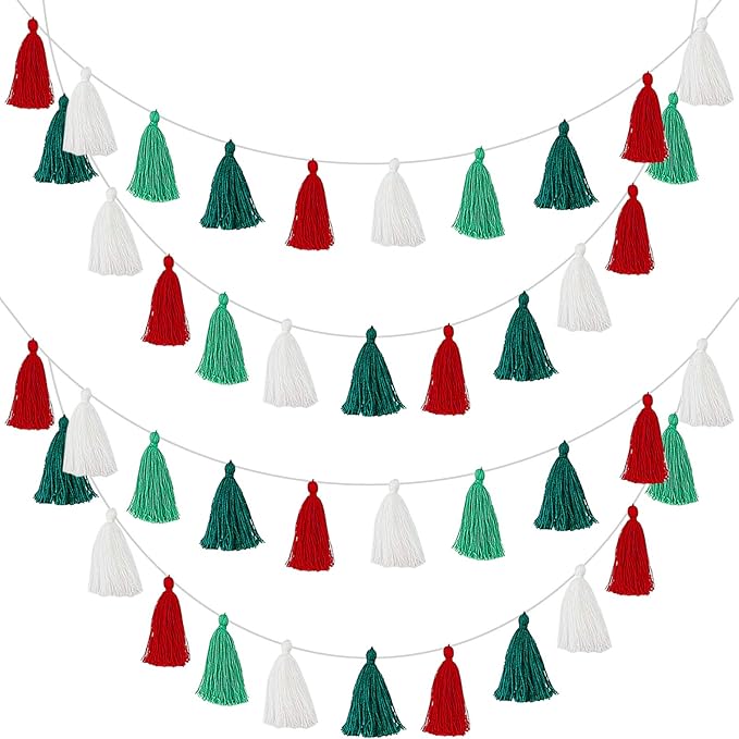 WILLBOND 4 Pieces Valentine's Day Tassel Garland for Classroom Wall Decor Boho Pastel Garland Cotton Tassel Banners for Party School(3.1 Inch,Red, White, Light Green, Dark Green)