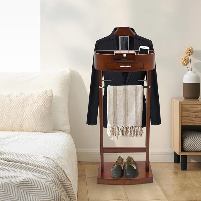 Standing Suit Rack with Drawer & Pant Hanger, Valet Stand for Men/Women,Vintage Brown Wooden Valet Stand with Storage Tray for Ties, Belts, Hats, Coats
