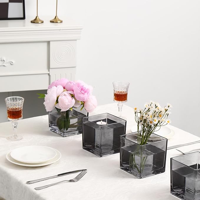 Square Glass Vases Set of 6, 4" x 4" x 4" Square Flower Vases for Centerpieces, Grey Vase for Flowers, Small Vase for Wedding, Party, Home Office Decoration