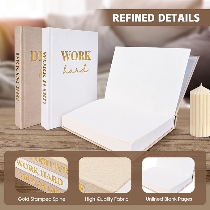 Set of 3 Linen Covered Decorative Books for Home Office Decor-Gold Foil Stamping Decor Books,Motivational Office Decor for Women Men Neutral Book Decor for Coffee Tables and Book Shelf