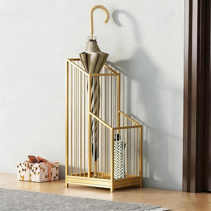 Indoor Gold Umbrella Stand with Drip Tray, Minimalist Luxury Design, Stylish Gold Umbrella Holder for Entryway, Living Room, Hotel, Easy to Clean & Space-Saving