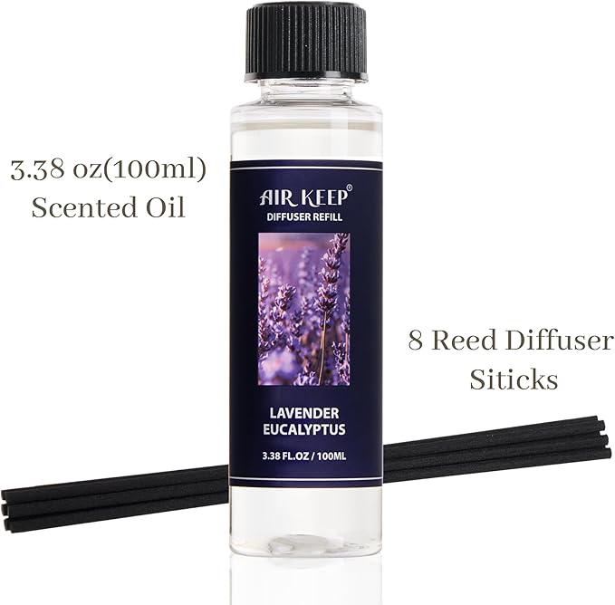 Airkeep Reed Diffuser Set,1.69 fl oz (50 ml) - Lavender Eucalyptus Oil Diffusers with 8 Reed Sticks,Home Fragrance Reed Diffuser for Bathroom Shelf Decor