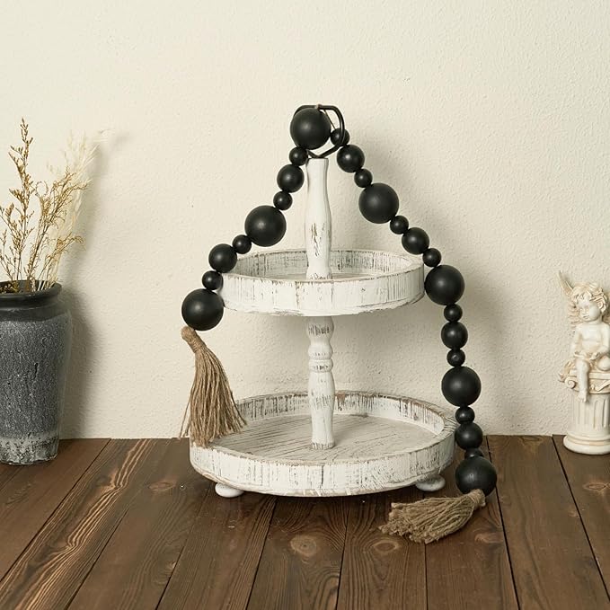 2" Extra Large Wood Bead Garland with Tassels, 44" Long Rustic Farmhouse Wooden Beads Garland, Decorative Beads Boho Decorations for Home Table Mantle Black