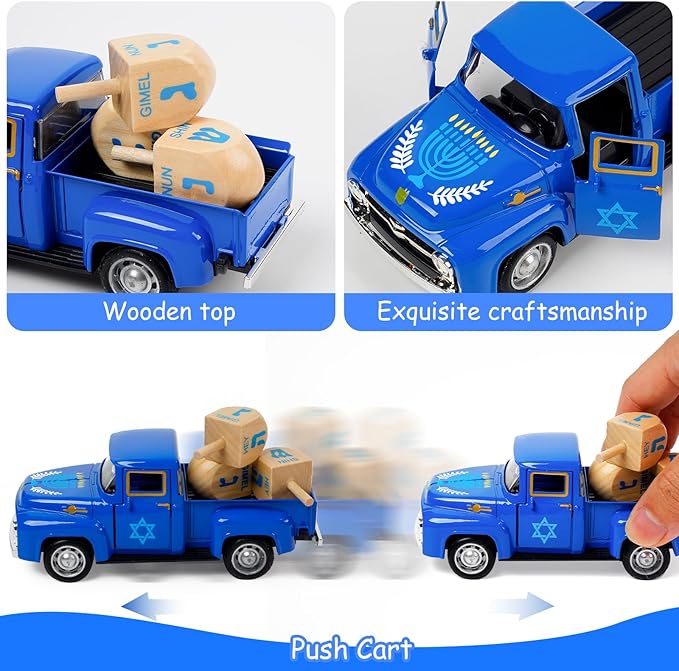 Hanukkah Home Decor, Mini Metal Hanukkah Truck with Wood Dreidel Decor - Festive Jewish Holiday Decor for Tabletop, Hanukkah Gift for Jewish
