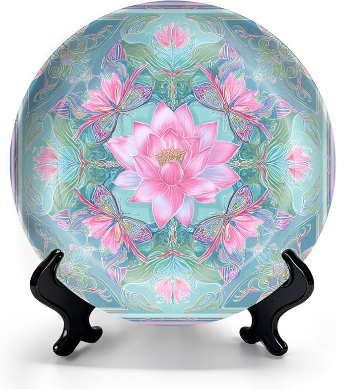 HABEN ARTWORK 10" Ceramic Plates for Display Pink Lotus Flower Butterflies Ornamental Geometric Mandala Design Blue Decorative Plate with Stand and Hook for Kitchen Dining Room Wall Hanging Decor