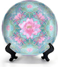 HABEN ARTWORK 10" Ceramic Plates for Display Pink Lotus Flower Butterflies Ornamental Geometric Mandala Design Blue Decorative Plate with Stand and Hook for Kitchen Dining Room Wall Hanging Decor