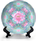 HABEN ARTWORK 10" Ceramic Plates for Display Pink Lotus Flower Butterflies Ornamental Geometric Mandala Design Blue Decorative Plate with Stand and Hook for Kitchen Dining Room Wall Hanging Decor