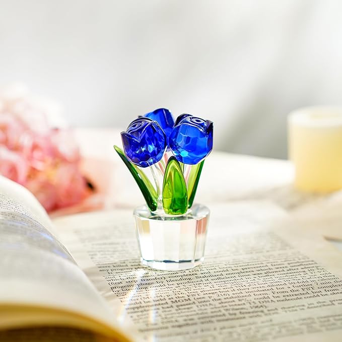 Blue Crystal Rose Flower Figurine for Wife Girlfriend Rose Collectible Figurines for Valentine's Day(3.2 * 2inch)