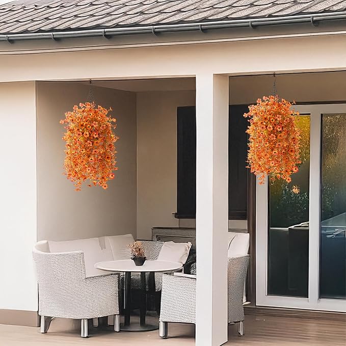 Homsunny Artificial Fall Flowers for Outdoors Fake Flowers UV Resistant 2PCS Fall Mums Flowers for Home Patio Balcony Yard Porch, Orange and Sunset Red