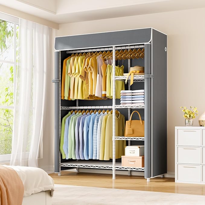 F2C Clothes Rack with Cover, Clothing Racks for Hanging Clothes, Heavy Duty Garment Rack with Shelves and Hanger Rods, White Closet with Gray Cover, 47.2" W x 16.5" D x 78.3" H, Load 630lbs
