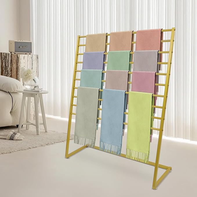 10 Tier Metal Scarf Organizer Holder, Freestanding Scarf Rack, Scarf Holder Organizer for Commercial Clothing Retail Store Towel Rack Ties Belt Pants Hanging (Gold, 47.24 * 15.75 * 57.09in)