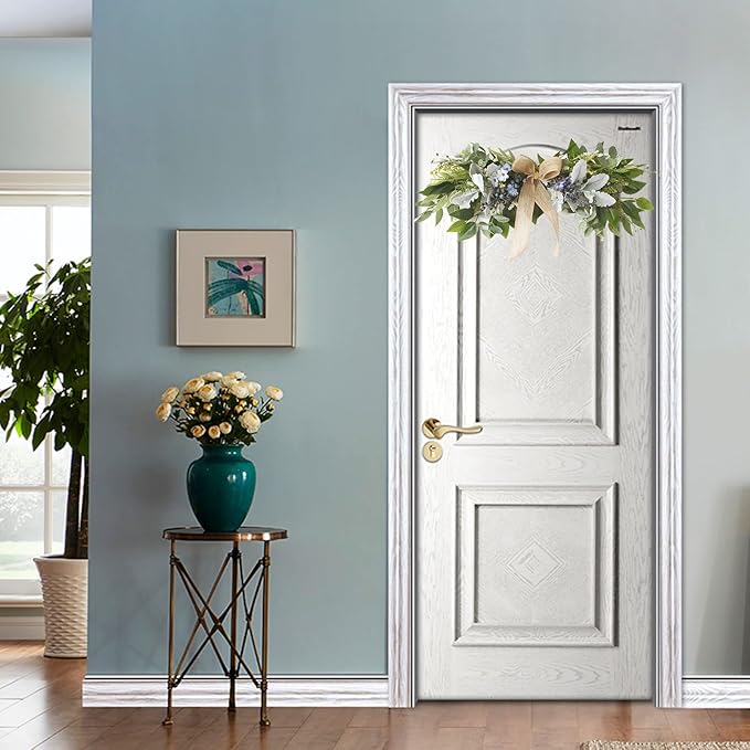 Artificial Eucalyptus Swag with Daisy Flower 25.6in Greenery Swag with Bow and Flocking Leaves Berries Farmhouse Decorative Swag for Home Wedding Wall Door Decor