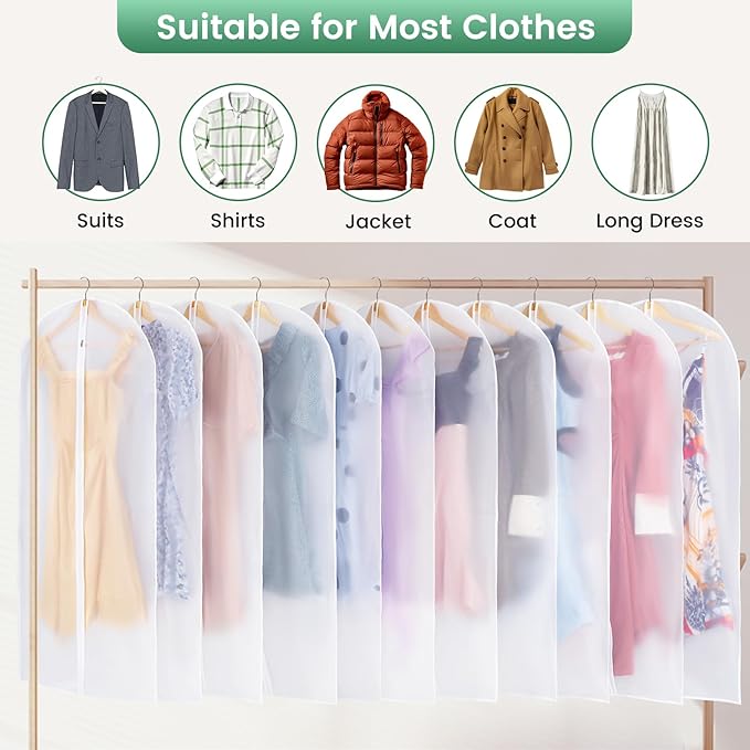 12 Pack Garment Bags for Hanging Clothes - Translucent Dress Bag for Closet Wardrobe Storage Travel - 24" x 49"