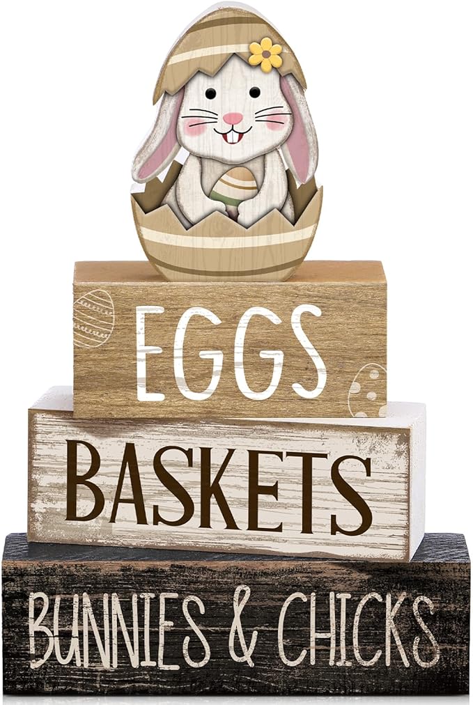 Lineshading 4 Pcs Easter Bunny Table Decoration Wooden Rustic Bunny 3-Tier Wooden Stacked Decor with 3D Hatching Rabbit Farmhouse Decor for Home Kitchen Dining Room, Easter Party Centerpiece Gift