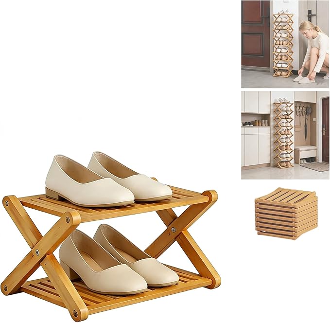 2/3/4/5/6/7/8/9 Tier Bamboo Shoe Rack - Foldable,No Installation Needed,Space-Saving Multi-Tier Storage for Indoor & Balcony Use (Yellow,2 Layers)
