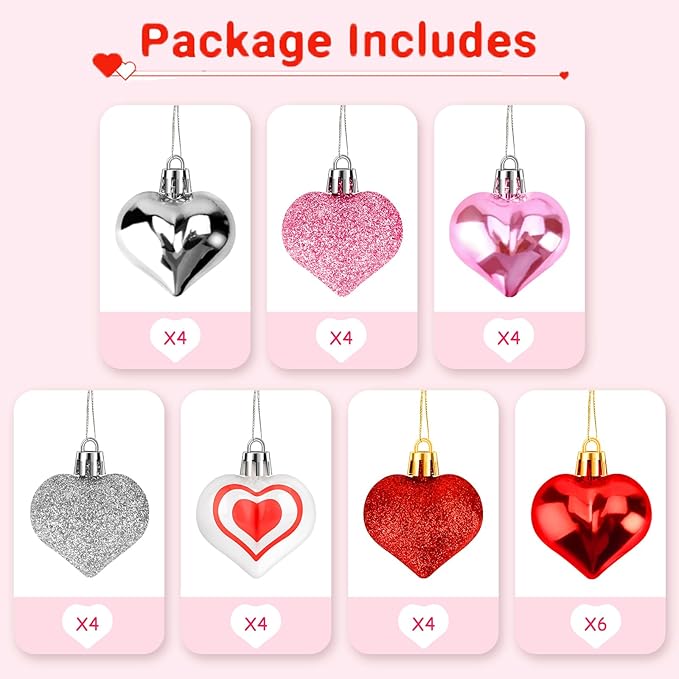 Heart Ornaments for Valentines Day Decorations, Hanging Ornaments for Christmas Tree, 30 Pcs Heart Shaped Ornaments for Home Decorations, Valentines Decor, 7 Styles