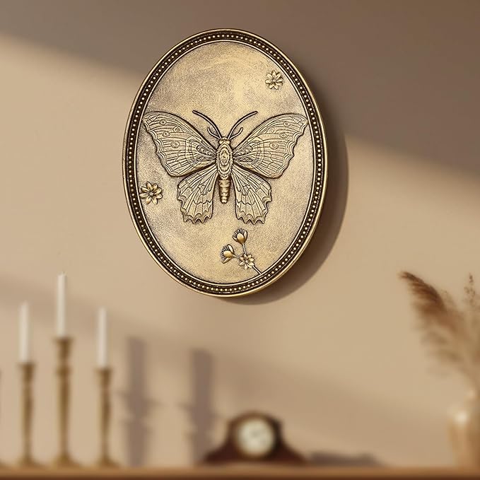 Vintage Butterfly Wall Sculpture, Antique Wall Decor, Gold Wall Art, Hanging Decoration with Embossed Butterfly Design, Vintage Decoration for Living Room Bedroom and Hallway, Housewarming Gift