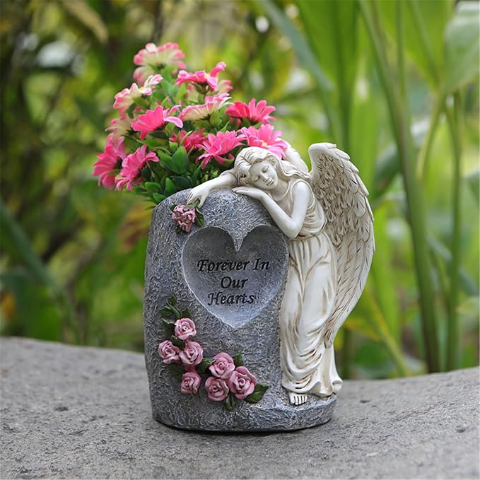 Solar Power Angelic Sculpture Memorials Vase Weather Resistant Resins Grave Decoration for Cemetery Garden