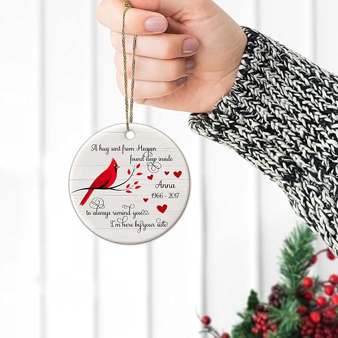 HYTURTLE Personalized Memorial Christmas Ornament Tree Decor Gifts for Family Loss of Loved One Mom Dad in Heaven, Sympathy Remembrance Bereavement Gifts, Cardinal Bird Custom Name Circle Ornament