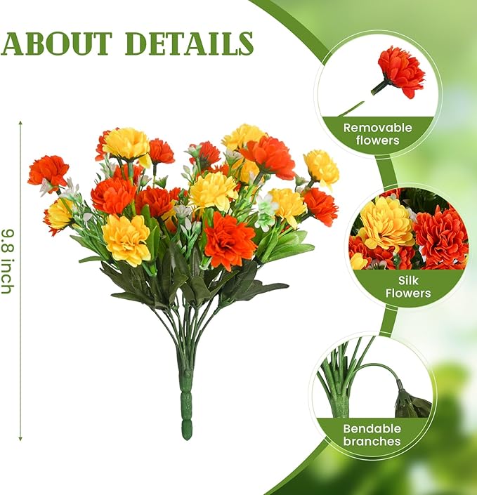 Artificial Flowers for Outdoors Decoration, 6 Bundles Silk Marigold Flower UV Resistant Look Real Faux Plants for Garden Porch Planter Patio Balcony Yard Home Decor (Yellow Orange)