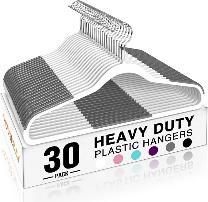 HOUSE DAY Heavy Duty Plastic Hangers 30 Pack, Non Slip Clothes Hangers with Rubber Pads and 360° Hook - Thin 0.2 Inch, Space Saving Coat Hanger White, Closet Organizer for Shirt, Pants, Suit, Skirt