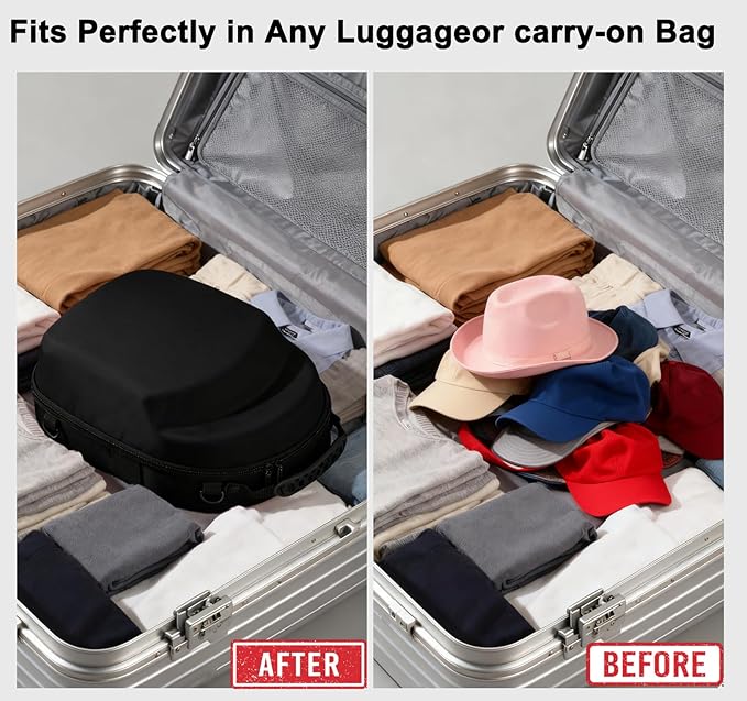 Black hard hat box baseball cap storage box with handle and adjustable shoulder strap suitable for travel and home storage