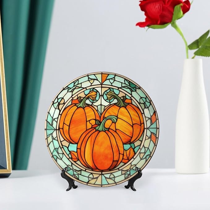 Thanksgiving Decorative Plates for Home Decor, Stained Glass Watercolor Pumpkin Decor Tray for Table Display, Ceramic Dinner Plate W/ Stand, Living Room Dining Room Decor, Housewarming Gifts, 7 Inch
