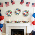 6 Pcs Red White and Blue Patriotic Wreaths, 9 Inch with Sage Green Lamb's Ear, Berry Stems & Tulips | 4th of July Memorial Day Front Door Decor