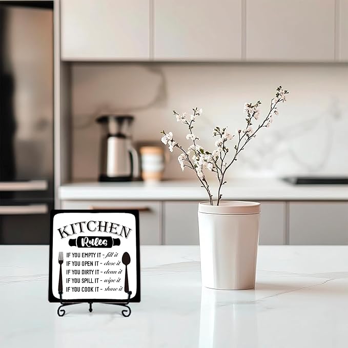 DETIHO Farmhouse Kitchen Decor, Rustic Kitchen Counter Decor, Wood Plaque with Iron Stand for Home Dining Room Tabletop Decoration - G01