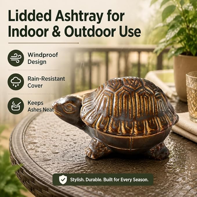 Turtle-Shaped Ceramic Ashtray with Lid, Windproof Design for Indoor/Outdoor Use – Desktop Organizer for Cigarettes, Coins & Keys – Home & Office Decor, Unique Creative Gift