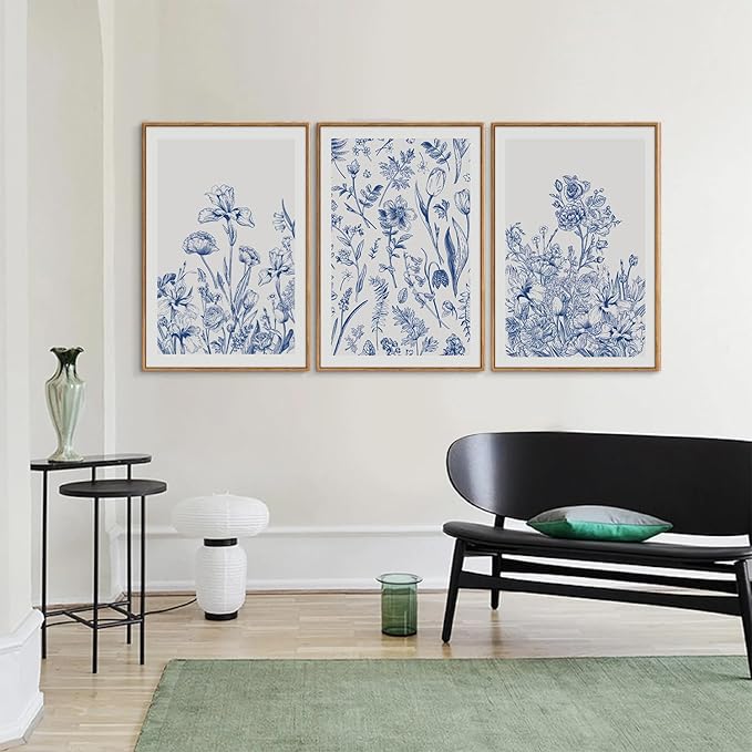 SIGNINART Classic Chinoiserie Framed Canvas Wall Art Set, Blue and White Floral Art Painting, Minimalist Botanical Flower Artwork, Navy Blue Wall Decor for Bedroom, Living Room, Office 24"x36"x3