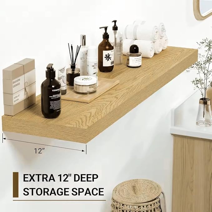 Vivelove 12 Inch Deep Floating Shelves 16 inch Long, Over Toilet Shelf with Invisible Brackets, for Bedroom Bathroom Living Room Kitchen Office, Rustic Farmhouse Decor, 15.7X12X1.5 Set of 2, Oak