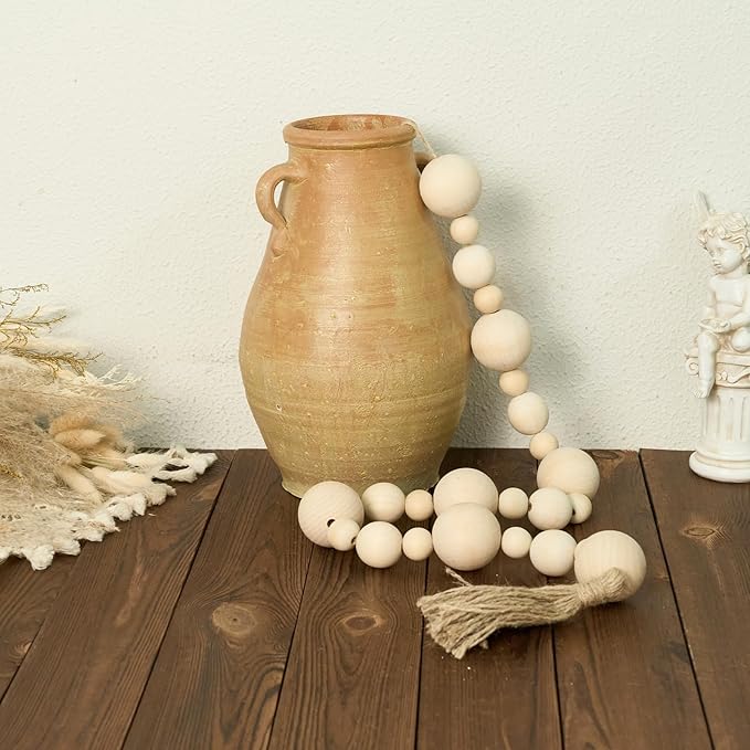 2" Extra Large Wood Bead Garland with Tassels, 50" Long Rustic Farmhouse Wooden Beads Garland, Decorative Beads Boho Decorations for Home Table Mantle Natural Beige