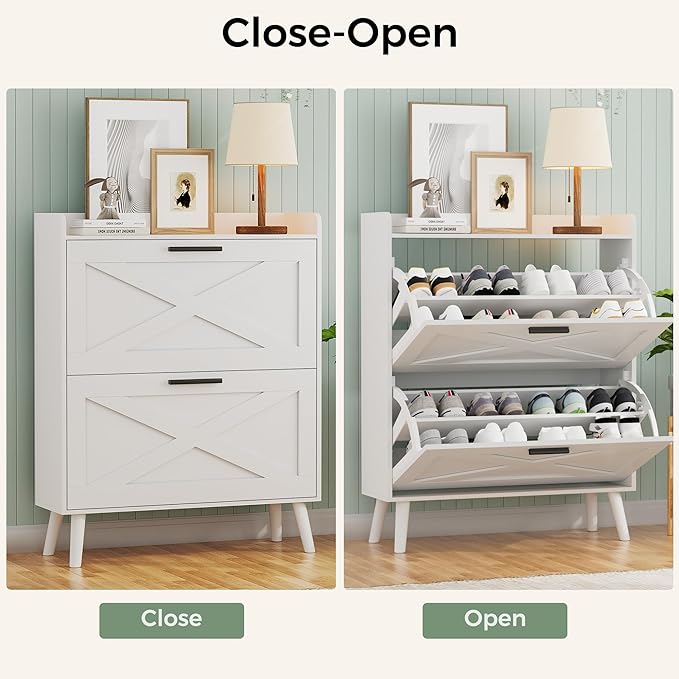 32" W Farmhouse Shoe Storage Cabinet with 2 Flip Drawers and Barn Door Design, Adjustable Shelves, Modern Hidden Slim Narrow Shoe Rack Cabinet for Entryway, Foyer, Hallway, Living Room, White