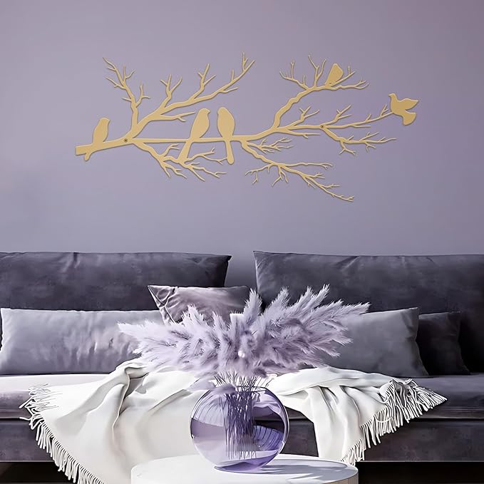 ESTART Metal Birds Wall Art, Metal Vivid Birds on Branch Silhouette Wall Decor Gold Leaves with Bird Outdoor Hanging Wall Sculpture for Home Living room Bedroom Balcony Garden (Gold, Small)