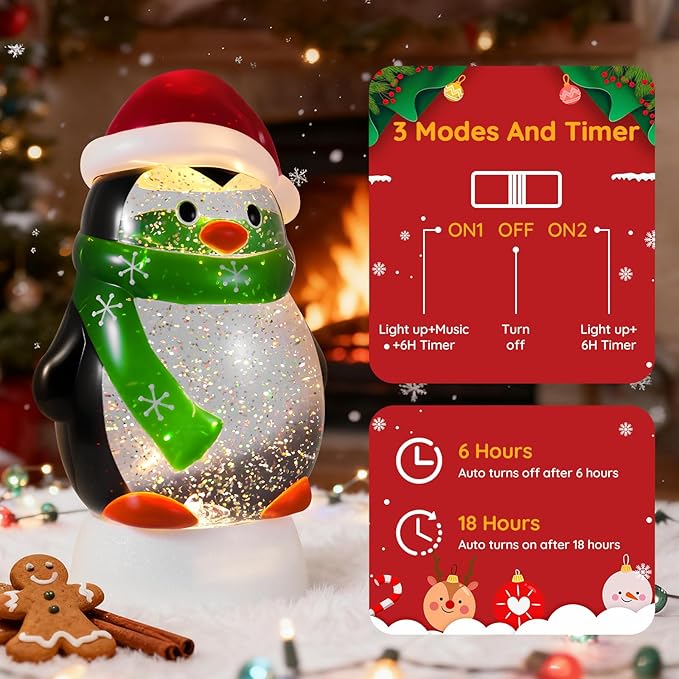 Christmas Snow Globe Penguin Lighted Musical Glitter Globe Battery Operated or USB Powered with Timer Water Glittering Snowing Globe for Christmas Party Home Table Decorations Gifts (Penguin)