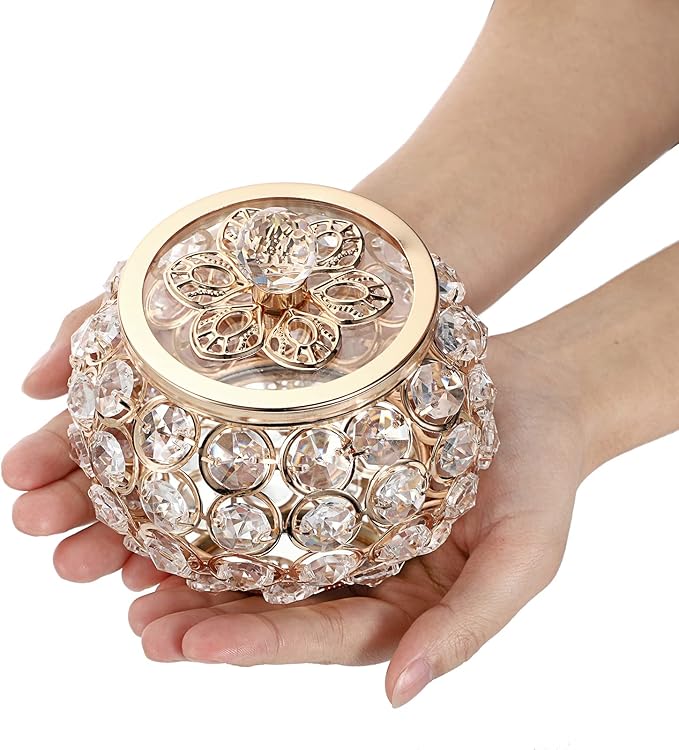 Hipiwe Crystal Jewelry Box with Glass Lid Small Trinket Organizer Mirrored Treasure Box Ring Holder Earrings Necklace Storage Box Keepsake Gift Box for Home Dresser Decor, Gold