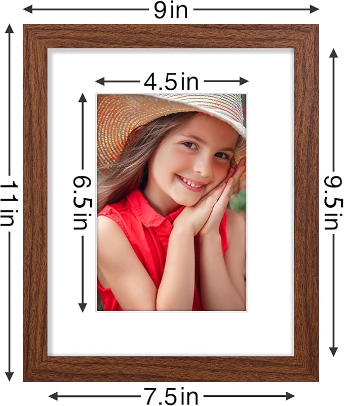 Vittanly 8x10 Picture Frames Set of 9, Shatter Resistant Plexiglass, Display 5x7 Pictures with Mat or 8x10 without Mat, Photo Frames for Wall or Tabletop, Engineered Wood, Wood Grain Brown