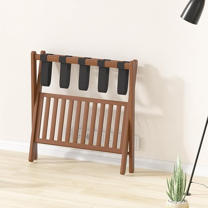 Luggage Racks Set Of 2 Suitcase Stand Foldable With Storage Shelf For Guest Room Hotel Essentials Solid Bamboo Heavy-Duty Item Holder Chestnut Brown