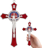 TALPGOD 7 Inch St Benedict Crucifix Red,Crucifix Wall Cross for Catholic Decor,Jesus Christ Hanging Cross Wall Art Decor,Escapularios Catolicos,Saint Benedict Medal for Home Decoration