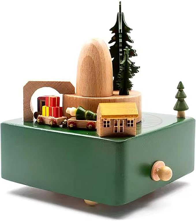 Natural Solid Wood Handcrafted Beech Wooden, Musical FigureTotoro/Carousel/Fairy/Ballerina Figurine,Rotating Hand Crank Mechanism Music Box,Musical Decorations (Green Christmas Train)