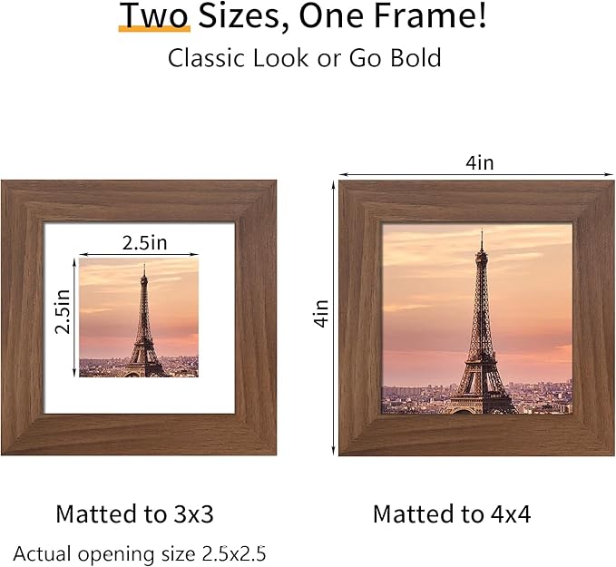 4x4 Picture Frame 3 Pack - Brown Poster Frame Display Pictures 3x3 with Mat or 4 x 4 Without Mat for Wall Hanging Horizontal and Vertical