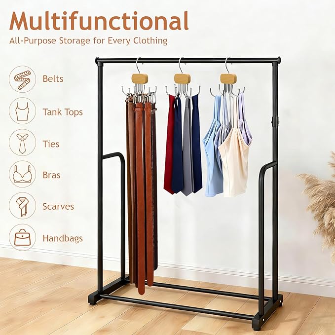 3 Pack Belt Hanger for Closet Organizer, 2026 Upgraded Tie Hangers for Space Saving & Storage, 360° Rotatable & Foldable Hooks, Large Capacity Rack for Tank Top, Bra, Purse (Natural)