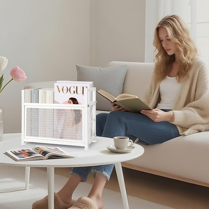 White Magazine Holder, Metal Magazine Rack Floor, Magazine Storage Basket, Mesh Magazine File Holder, Magazine Holders for Shelves，Magazine Stand for Desk, Folder Organizer Bin for Magazines