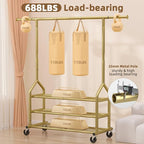 EAGMAK Heavy Duty Clothes Rack Load 688 LBS, Rolling Clothing Rack With 3 Shelves, Adjustable Metal Clothes Hanger with Wheels Portable Wardrobe Organizer Garment Rod for Hanging Clothes (Gold)